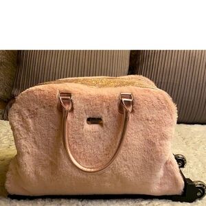 Justice Pink fuzzy rolling luggage duffle w/ light up wheels